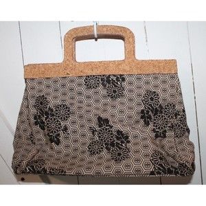 Old Navy Cotton Black/White Handbag Purse Small 12" X 11" Wood/Cork Handle